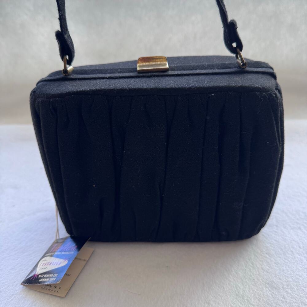 Vintage Egan-Wagner Black FabriLure Sueded Top Handle Handbag Box  retro bag - Picture 7 of 9